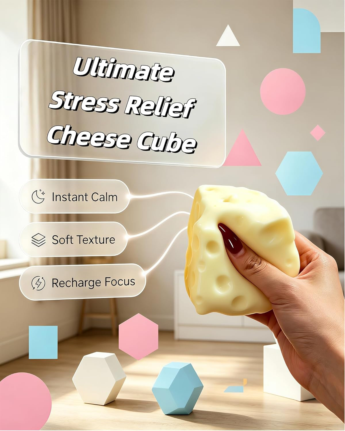 Coconut Oil Stress Ball, Cheese-Shaped Squishy Ball - Soft Jelly with a Bubblegum Texture, Slow-Rising Fidget Stress Ball for Stress Relief and Relaxation, Non-Sticky, Helps Improve Focus
