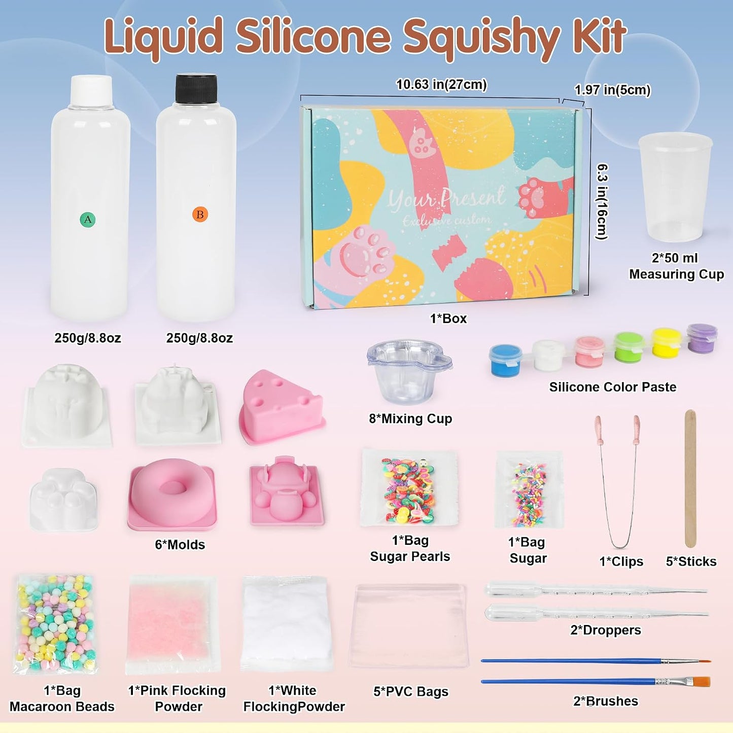 Taba 500G DIY Squishy Making Kit - 1:1 AB Liquid Silicone with Bubble-Free Curing, Includes 6 Molds and Flocking Powder for Stress Relief Gifts