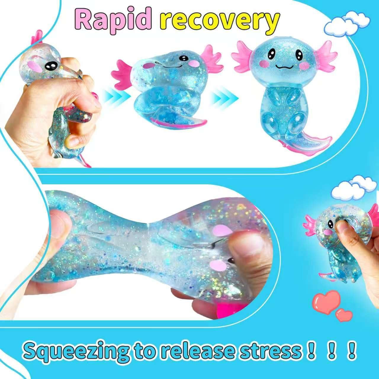 Glitter Axolotl Stress Relief Squishies - Soft Stretchy Fidget Toys for All Ages, Ideal for Easter Baskets, Party Favors, and Classroom Rewards (Available in 2 Colors)