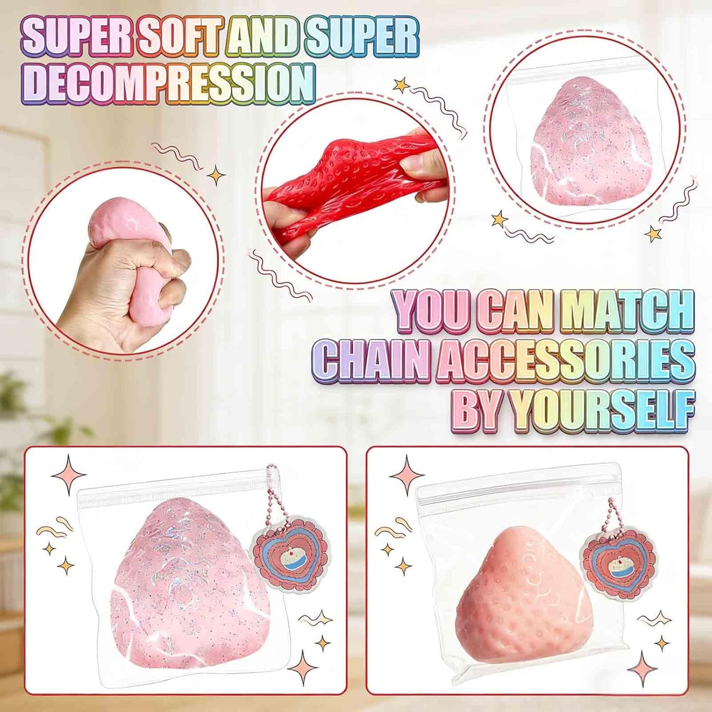 4 Packs Big Strawberry Squishies Fidget Toys Adults, Ultra Soft Sticky Stress Relief Toys Squeeze Toys for Autism, Birthday Gifts Easter Basket Stuffers Easter Gifts