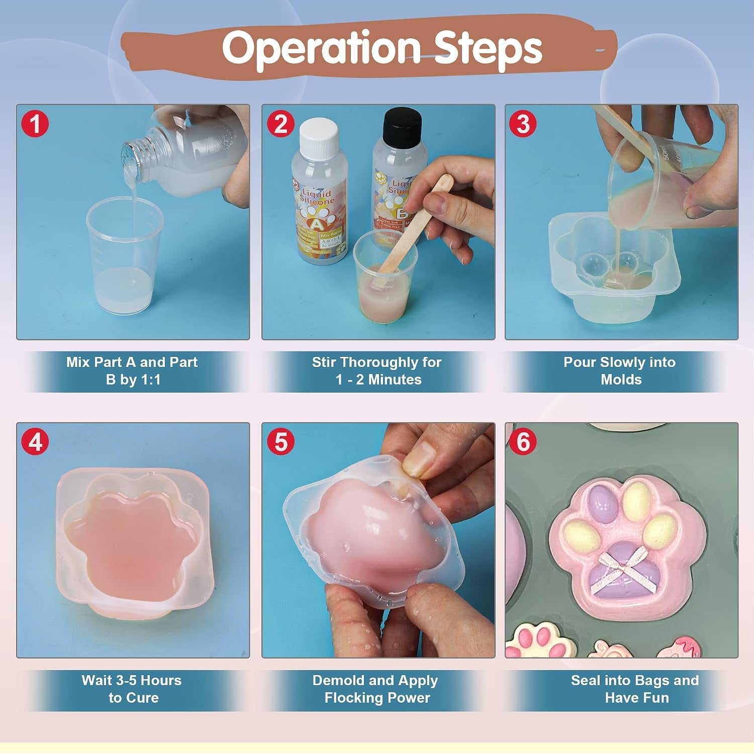 Taba 500G DIY Squishy Making Kit - 1:1 AB Liquid Silicone with Bubble-Free Curing, Includes 6 Molds and Flocking Powder for Stress Relief Gifts