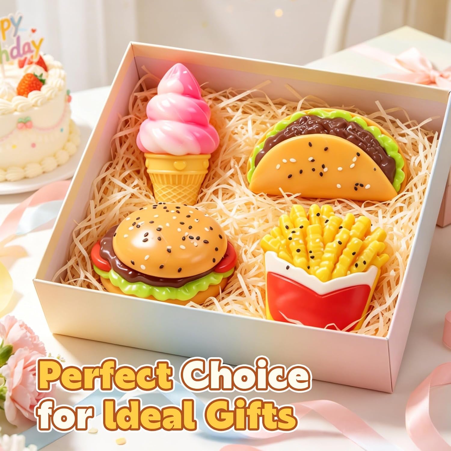 Taba Slow Rising Squishy Toy Set - 4PC Ice Cream, Burger, Sandwich, and French Fries Mochi Squeeze Toys for Stress Relief and Sensory Play, Ideal Party Favors for Kids Ages 8-12