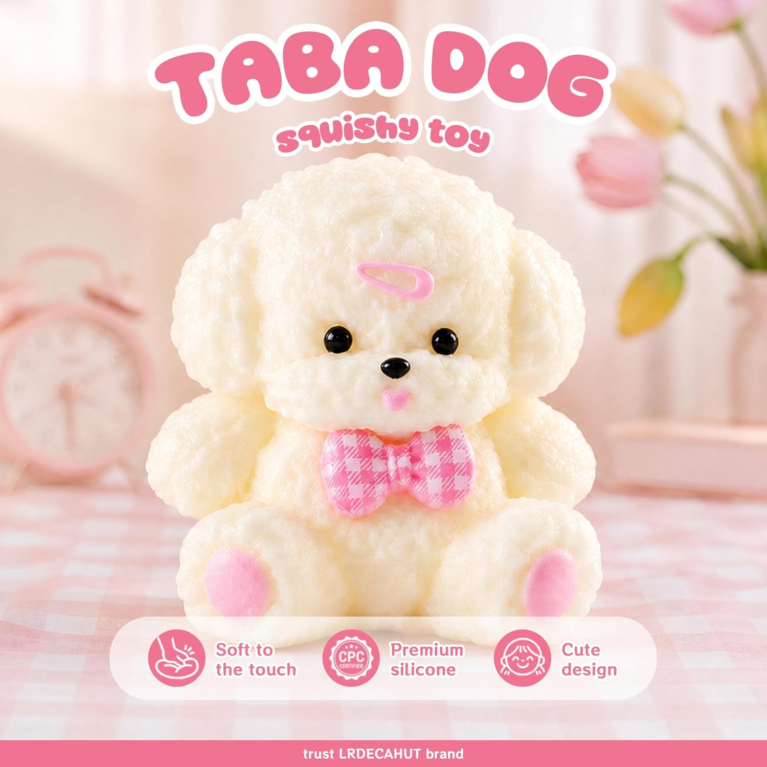 Taba Handmade Dog Squishy Fidget Toys - Slow Rising Silicone Stress Relief Toy with Resin Bow and Fuzz Ball, Ultra Soft Gift for Kids 3+ and Adults