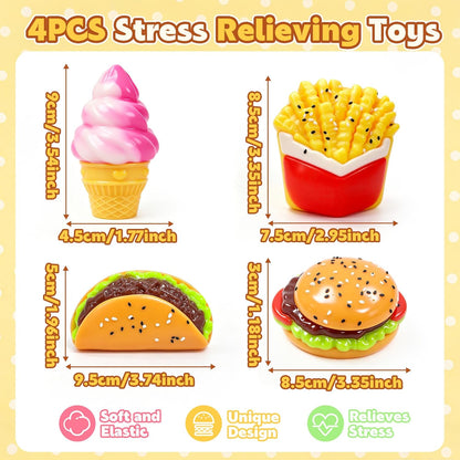Taba Slow Rising Squishy Toy Set - 4PC Ice Cream, Burger, Sandwich, and French Fries Mochi Squeeze Toys for Stress Relief and Sensory Play, Ideal Party Favors for Kids Ages 8-12