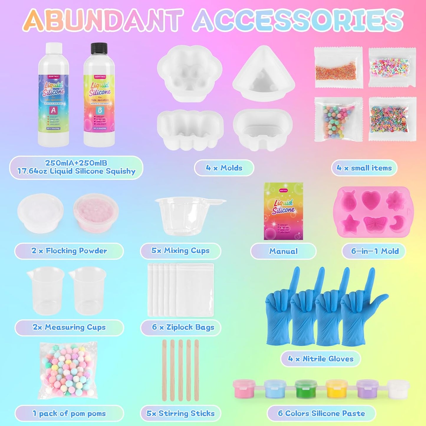 Taba Squishy Kit with 10 Molds, 18OZ Liquid Silicone Squishy Making Kit with Guided, Bubble Free, Odorless and Faster Fully Cures, DIY Squishy Kit, Flocking Powder, Stress Relief Entertainment