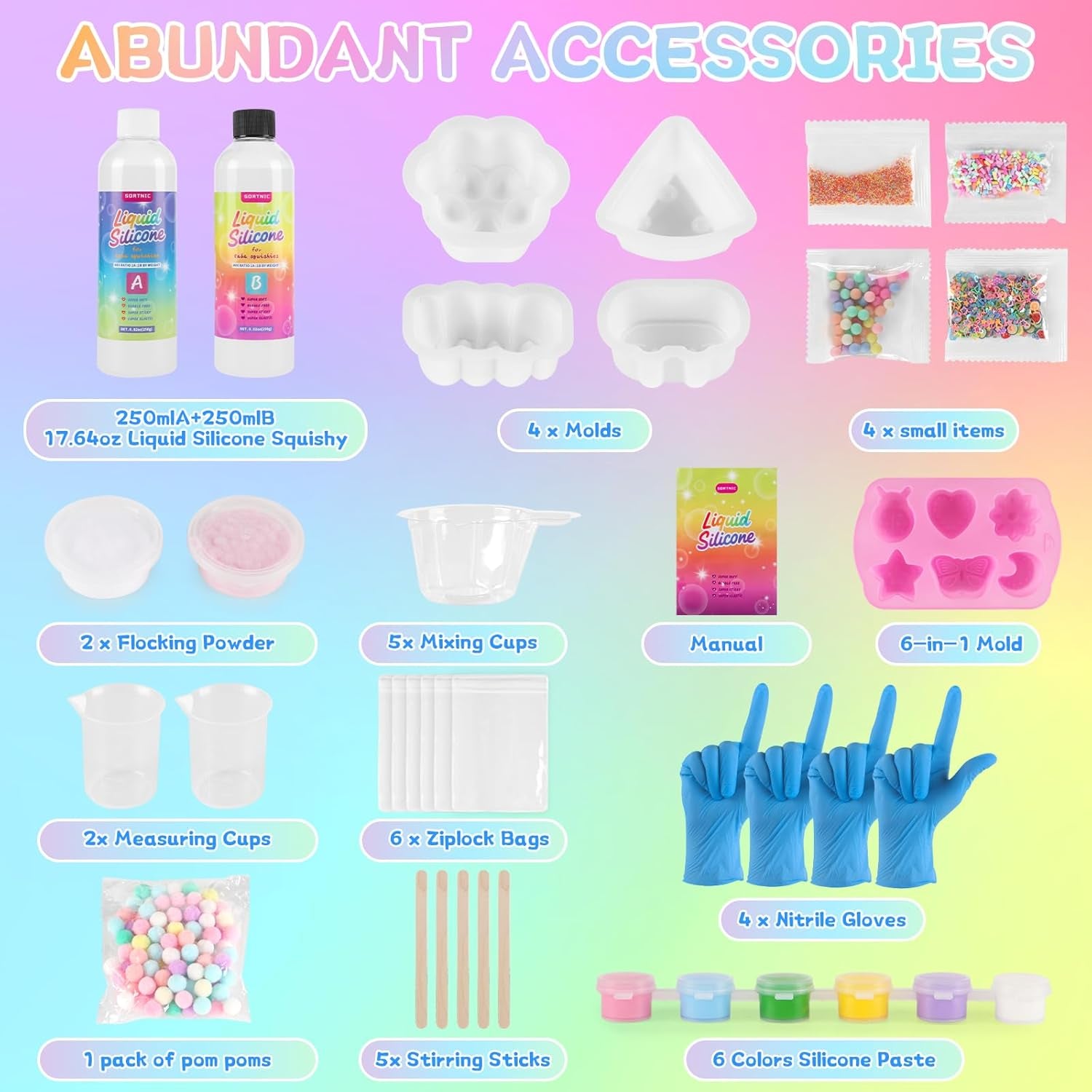 Taba Squishy Kit with 10 Molds, 18OZ Liquid Silicone Squishy Making Kit with Guided, Bubble Free, Odorless and Faster Fully Cures, DIY Squishy Kit, Flocking Powder, Stress Relief Entertainment