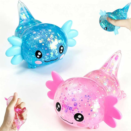 2-Pack Glitter Axolotl Squishies - Soft Sensory Fidget Toys for Stress Relief, Perfect for Teens and Adults, Office Decor, and Party Favors (Blue & Pink)