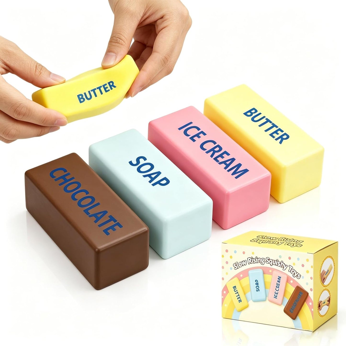 Butter Squishy 4 Pack - Slow Rising Squishy Toy，4 Squishies Butter Squeeze Toy for Stress Relief,Portable Desk Toy for Adults, Party Favors & Gifts