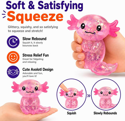 Axolotl Stress Relief Squishy Toy - Glitter Fidget Ball for Kids and Adults, Ideal for Birthday Party Favors and Classroom Gifts