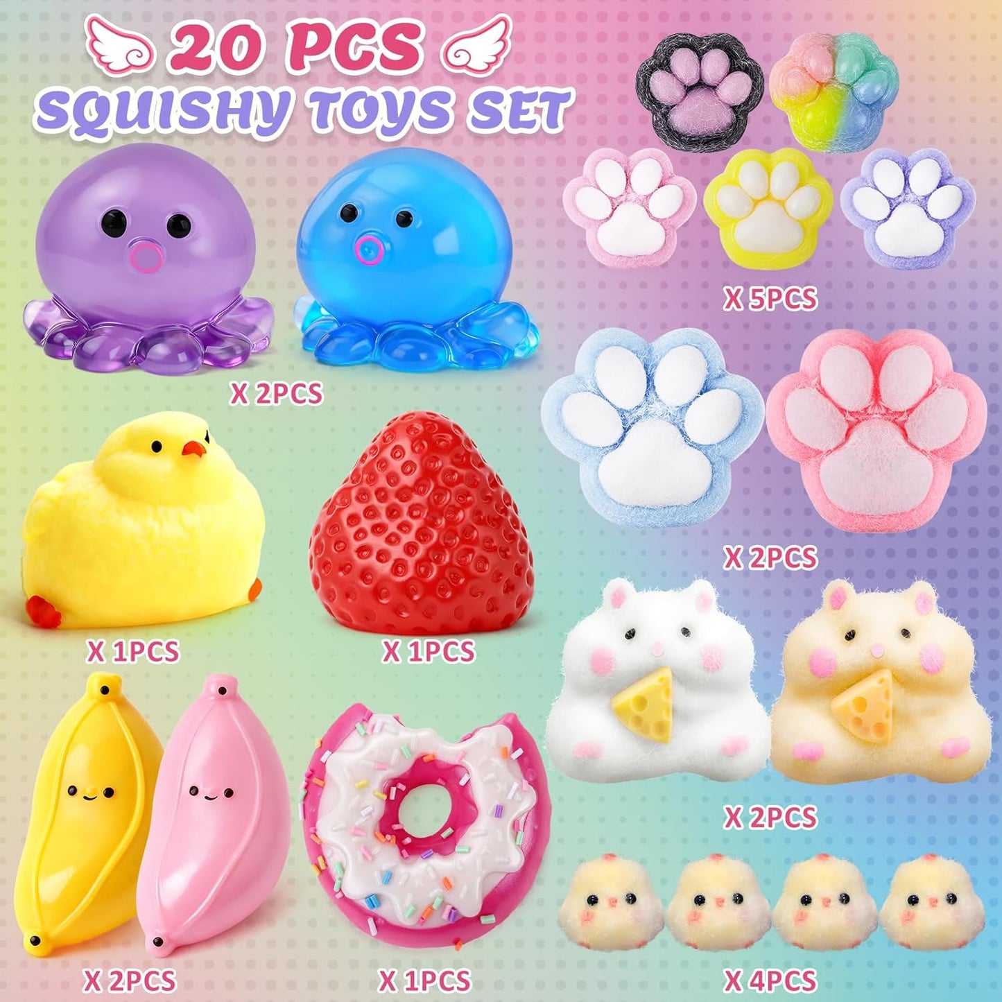 20-Piece Taba Squishy Fidget Toy Pack - Stress Relief Sensory Toys Featuring Chick, Cat Paws, Hamster, and Strawberry Designs - Ideal for Kids, Classroom Gifts, and Goodie Bags (11 Large + 9 Small)