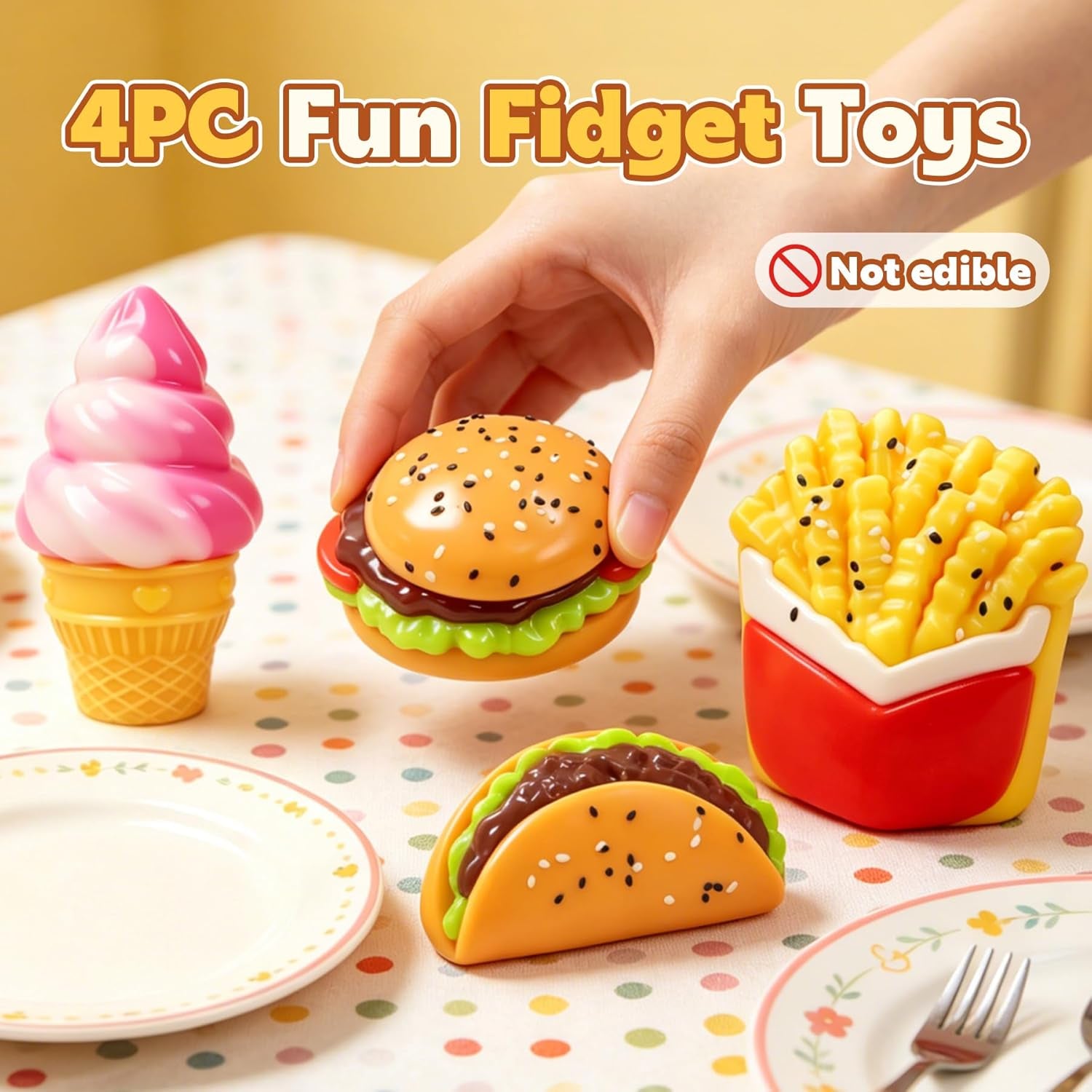 Taba Slow Rising Squishy Toy Set - 4PC Ice Cream, Burger, Sandwich, and French Fries Mochi Squeeze Toys for Stress Relief and Sensory Play, Ideal Party Favors for Kids Ages 8-12