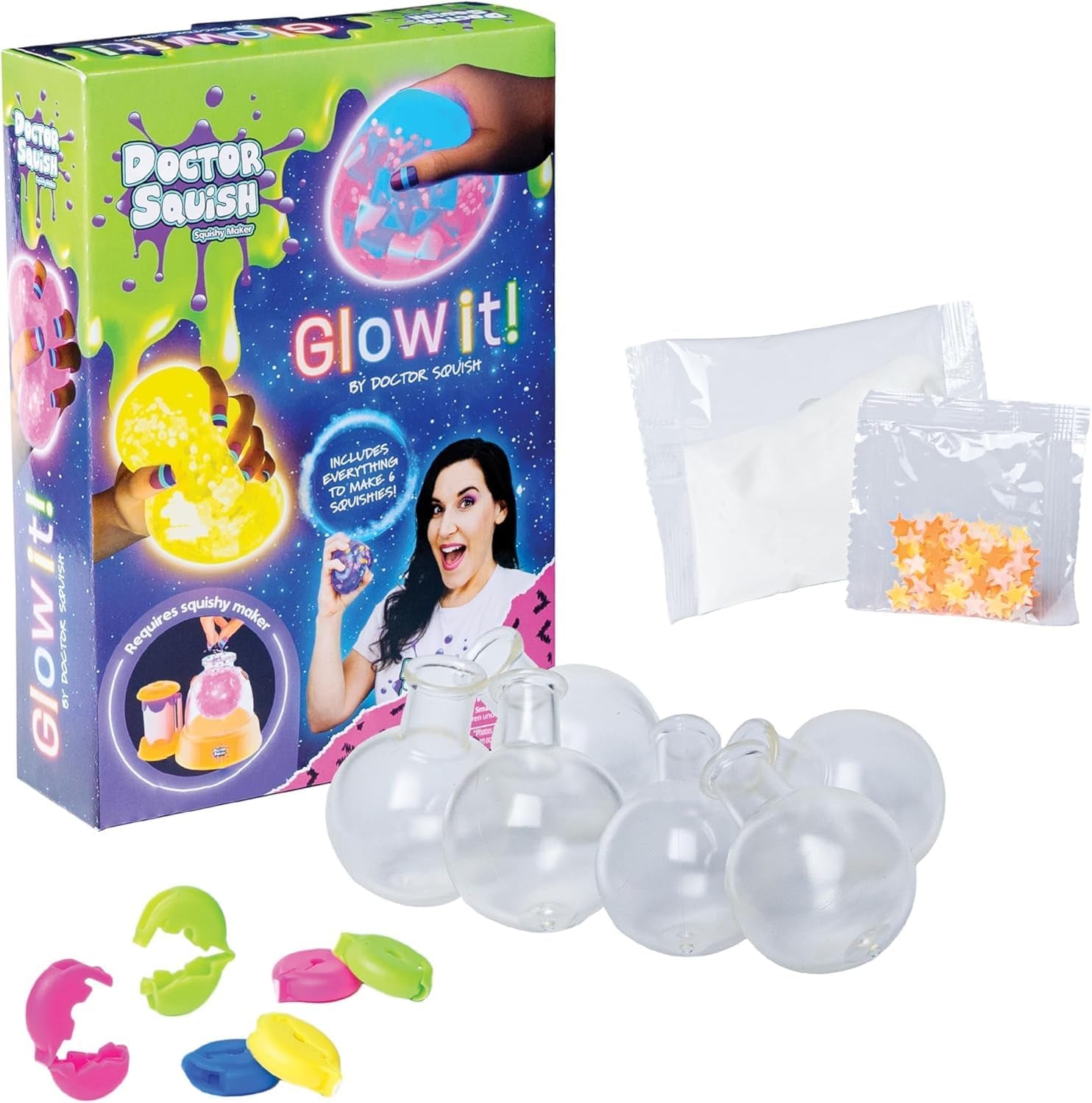 Squishy Maker Neon Refill Pack | DIY Squishy Creation Kit with 6 TPR Balloons, 6 Reusable Clips, Glow-in-the-Dark Sparkles, and Slime Powder | Ideal for Ages 8 and Up | One Pack