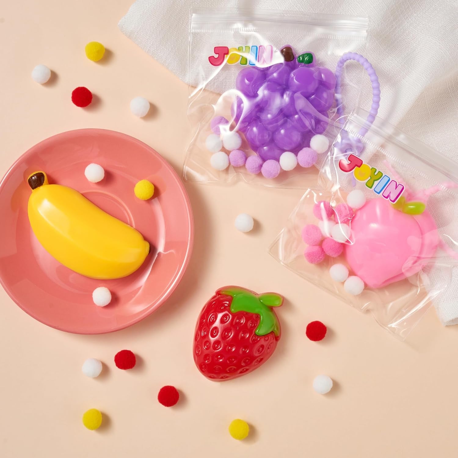 4 Pcs Fruit Taba Squishy Toys, Soft Squeeze Fidgets, Banana, Grape, Strawberry, Peach Fufu Squishy Toys, Cute Taba Squishy Toys for Kids, Party Favors & Gifts