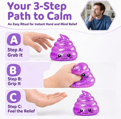 Purple Glitter Poop-Shaped Stress Ball - Novelty Squishy Stress Relief Toy for Adults, Ideal for Jokes, Pranks, and Party Favors