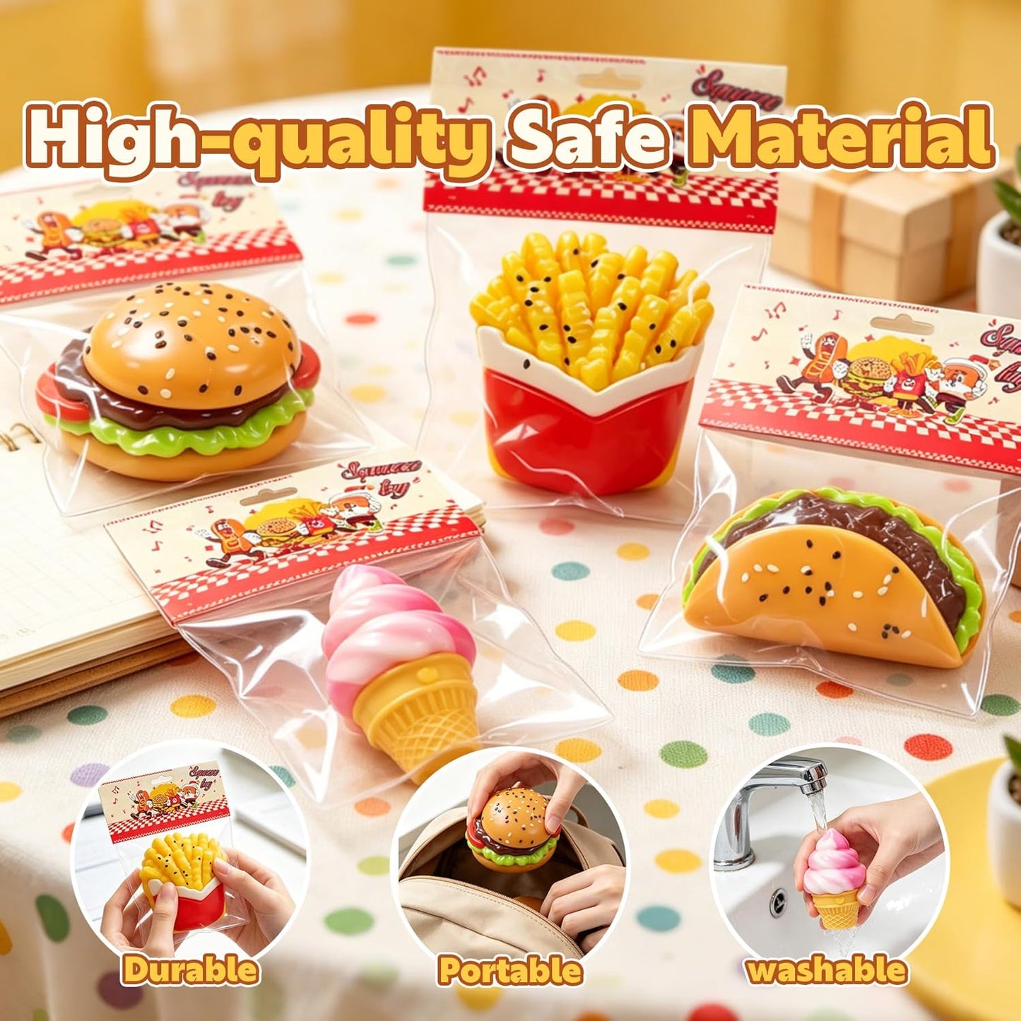 Taba Slow Rising Squishy Toy Set - 4PC Ice Cream, Burger, Sandwich, and French Fries Mochi Squeeze Toys for Stress Relief and Sensory Play, Ideal Party Favors for Kids Ages 8-12