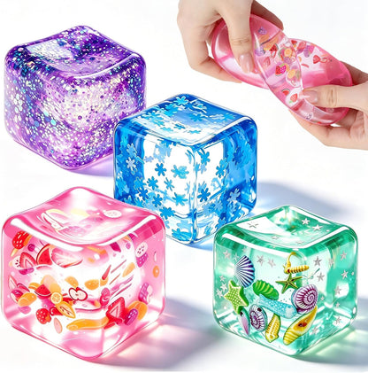 4Pcs Ice Cube Stress Balls, Cube Fidget Toys Adults for Kids, Glitter Filled Sensory Toys, Ocean Fruit Snow Flake Squeeze Toys, Slow Rise Squishies Stress Balls for Party, Festival, Birthday Toy Gift