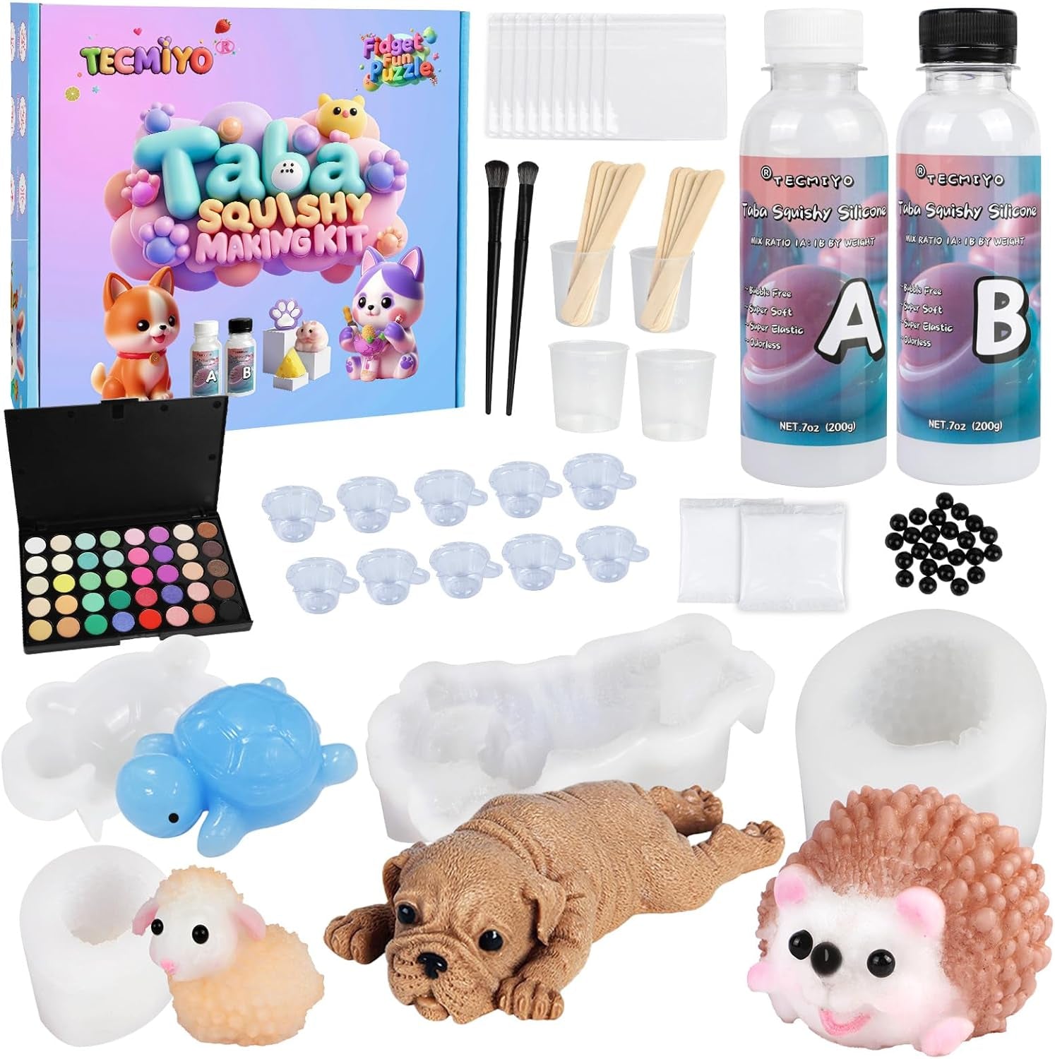 DIY Taba Squishy Kit with Animal Molds - Complete Squishy Making Set with 1:1 AB Liquid Silicone Gel (14Oz) for Custom Creations and Gifting